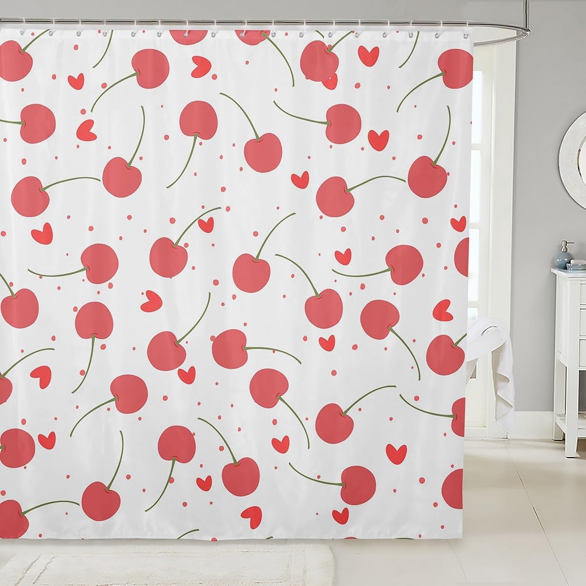 Kids Red Cherry Bath Curtain Cute Fruit Shower Curtain Boys Girls Cherry Pattern Bathroom Shower Curtain Set Kawaii Cartoon Fruit Teens Bathroom Accessories Room Decor 72"x80"
