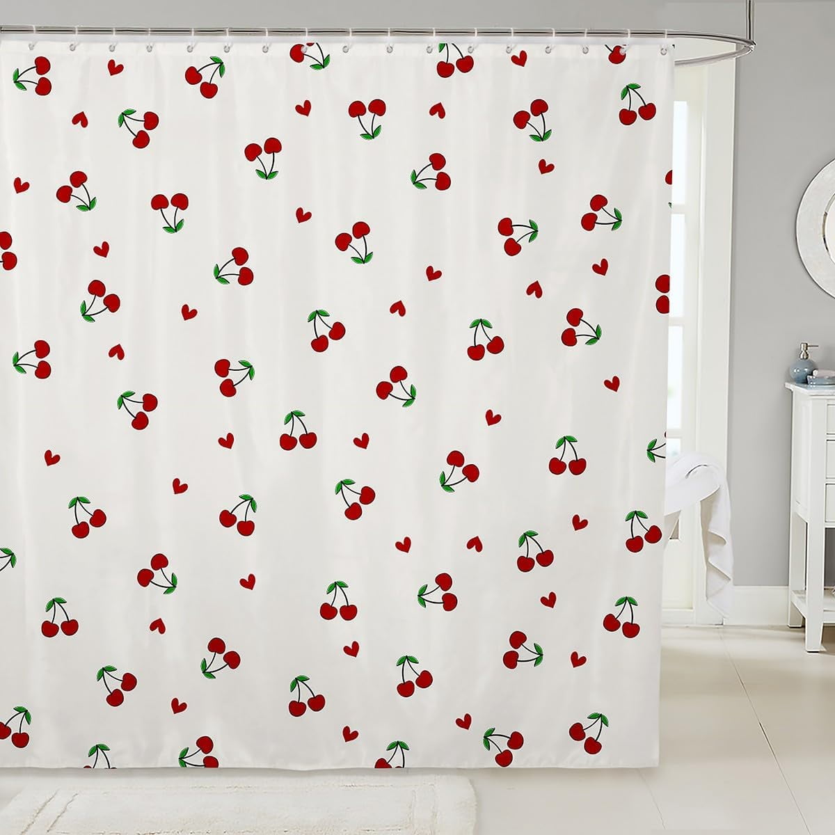 Kids Red Cherry Shower Curtain Cherry Pattern Bath Curtain Boys Girls Cute Fruit Bathroom Shower Curtain Set Kawaii Cartoon Fruit Teens Bathroom Accessories Room Decor 72"x80"