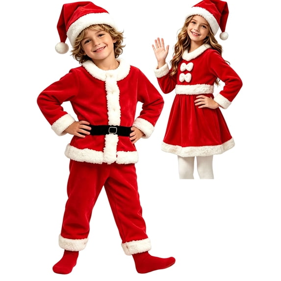 Kids Red Velvet Christmas Set Long Sleeve Round Neck Joyful Celebration Holiday Outfit for Boys and Girls