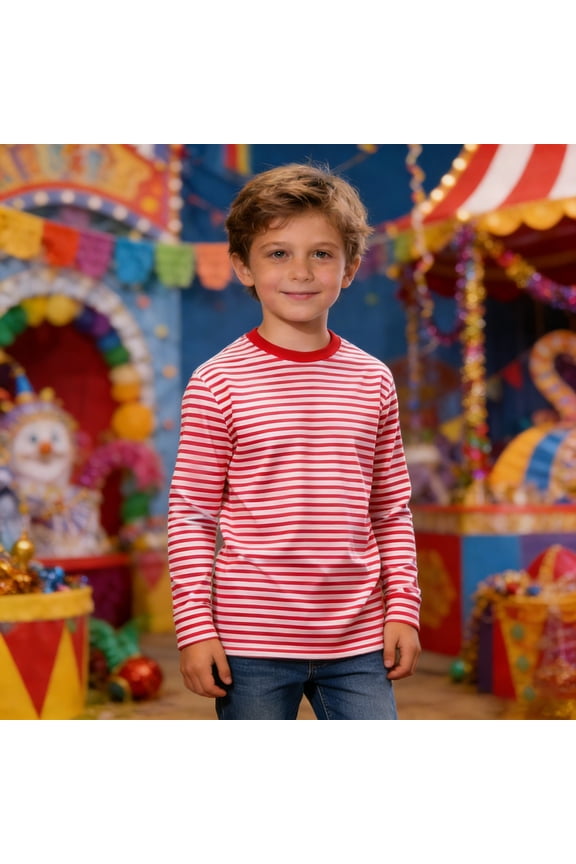 Kids Red White Striped Long Sleeve T Shirts Boys Girls Crew Neck Tops Casual Breton Striped Tees for Daily Wear and Play
