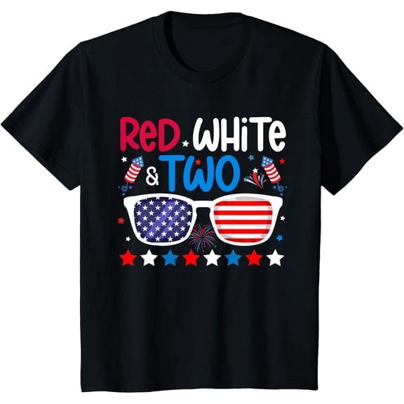 Kids Red White & Two 2nd Birthday 4th Of July 2nd Birthday Party Boys T-Shirt