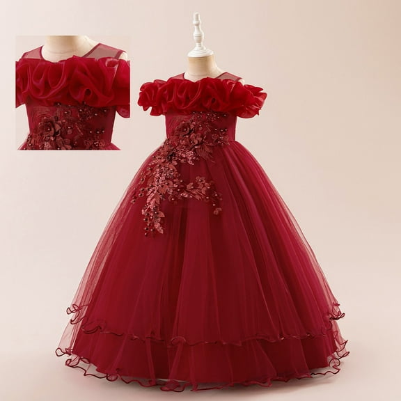 Kids RedDress Girls Ruffle Girls Tulle Dress Ball Gown Dresses for Girls Kids Dress 10 Years