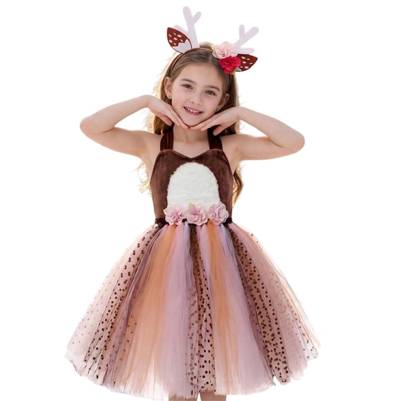 Kids Reindeer Christmas Costume For Girls Glitter Tutu Dress Holiday Party Cosplay Outfit