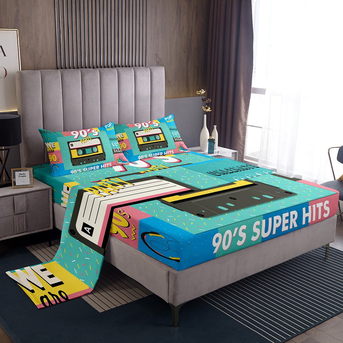 Kids Retro 90S Party Bed Sheets Twin Vintage Hip Hop Hippie Music Cassette Tape Bedding Set