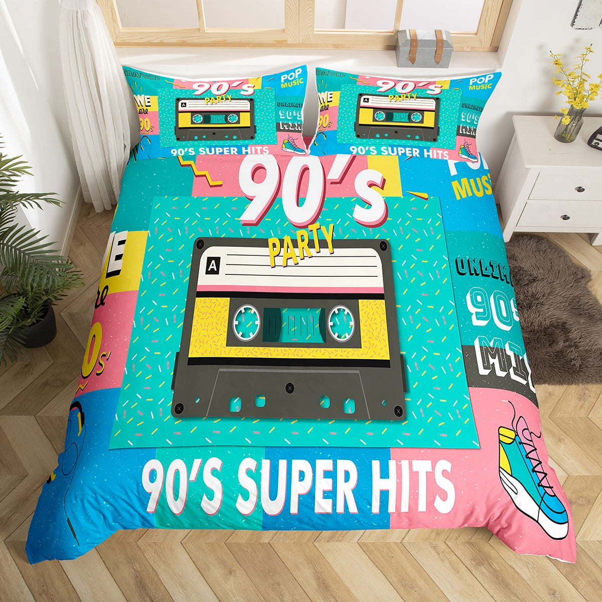 Kids Retro 90s Party Comforter Cover Full Vintage HipHop Hippie Music