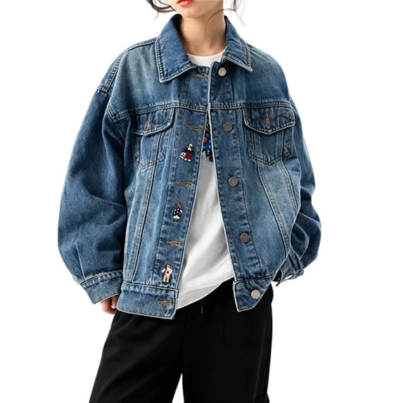 Kids' Retro Denim Jacket Embroidered Jean Jacket for Girls Boys Loose Fit Casual Coat Fall Winter Outerwear Y2K Activewear