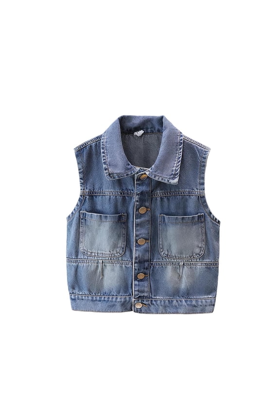 Kids' Retro Denim Vest Sleeveless Collared Button Down Washed Jacket Fashionable Casual Vest for Back-to-School & Outings (2-12 Years)