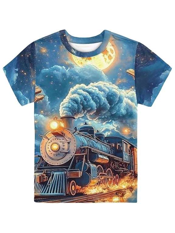Kids Retro Steam Train Print T-Shirt Classic Locomotive Night Mountain Scene Graphic Crew Neck Short Sleeve Tee Summer Casual Outdoor Top for Boys(Grey,5-6 Years)