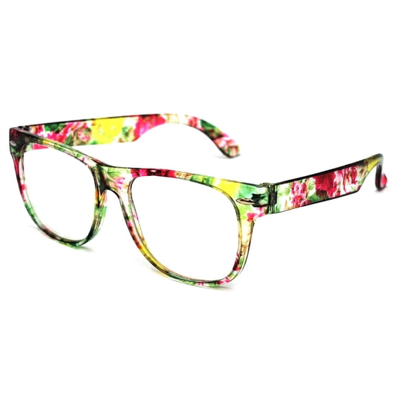 Kids Retro Sunglasses - Green Flower Frame / Clear Lens