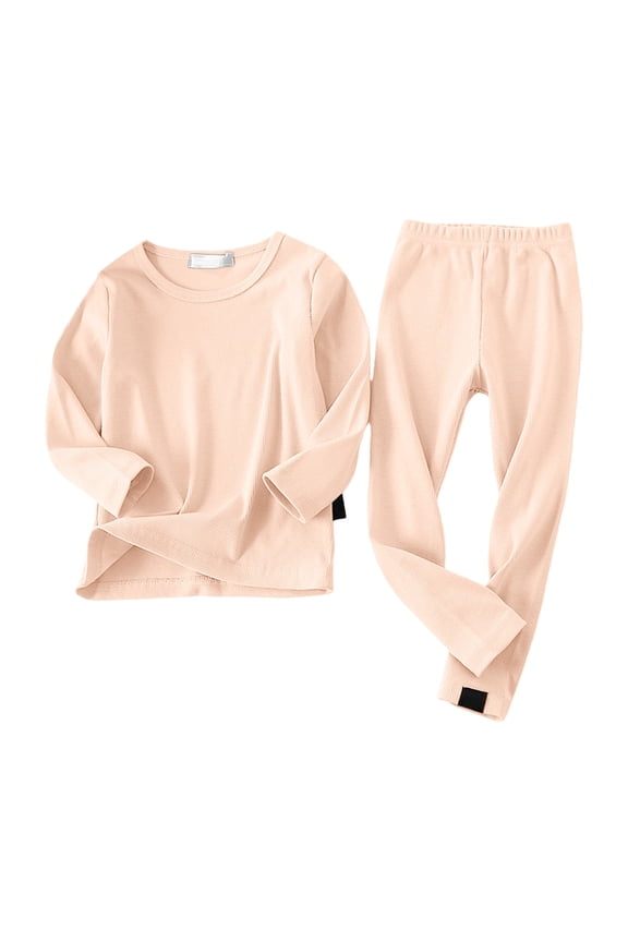 Kids Ribbed Knit Set for Boys Girls 2 Piece Thermal Underwear Soft Cotton Crewneck Top and Pants Plain Basic Layering Outfits