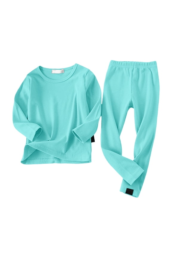 Kids Ribbed Knit Set for Boys Girls 2 Piece Thermal Underwear Soft Cotton Crewneck Top and Pants Plain Basic Layering Outfits