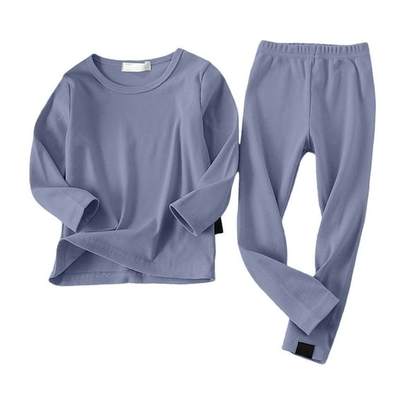 Kids Ribbed Knit Set for Boys Girls 2 Piece Thermal Underwear Soft Cotton Crewneck Top and Pants Plain Basic Layering Outfits