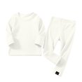 thumbnail image 1 of Kids Ribbed Knit Two Piece Loungewear Set Crew Neck Long Sleeve Top & Elastic Waist Straight Pants, Soft Stretchy Matching Outfit for Homewear Daily Casual Wear White 4-5 Years, 1 of 7