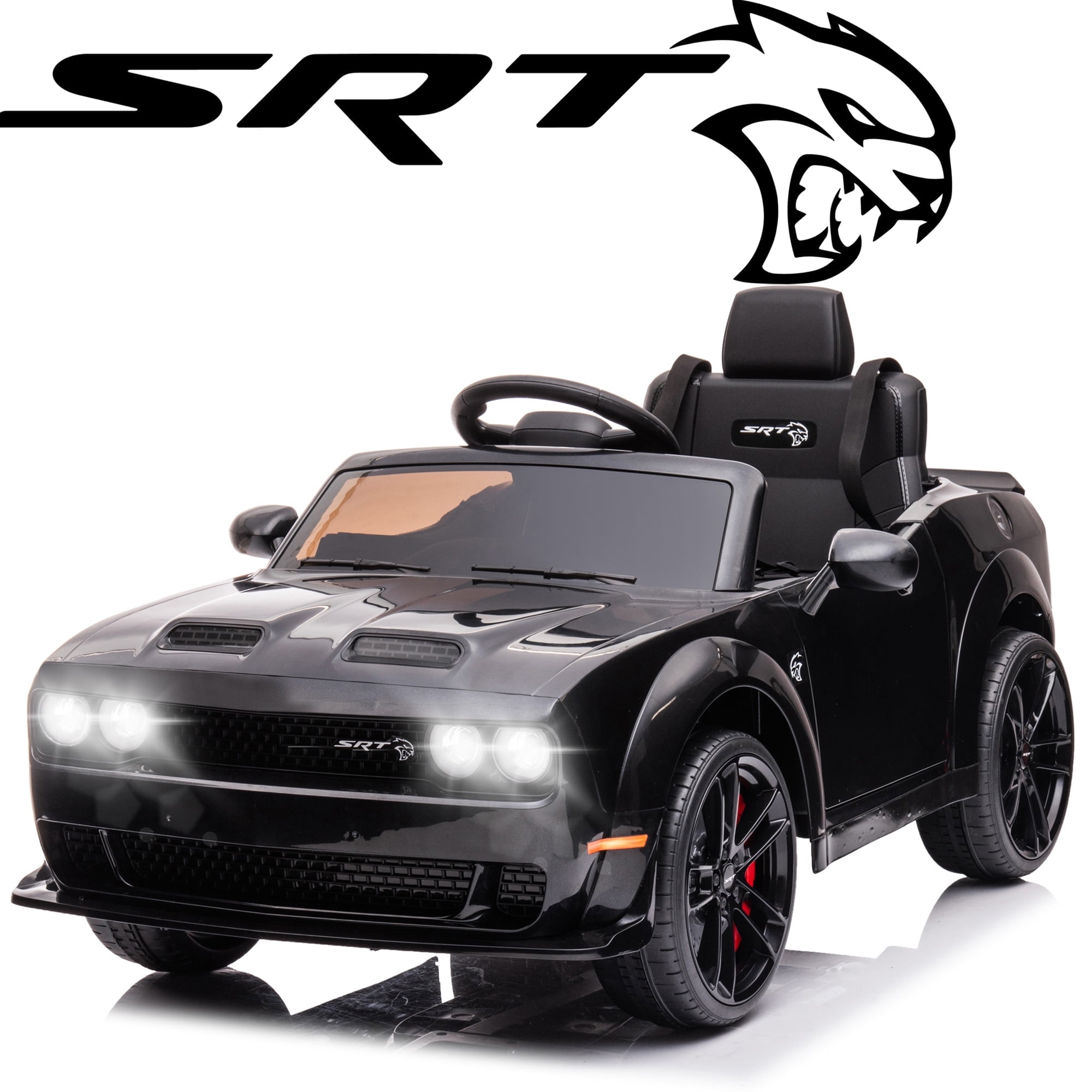 Black 12V Dodge Challenger Kids Ride-On Car with LED Lights and Remote Control