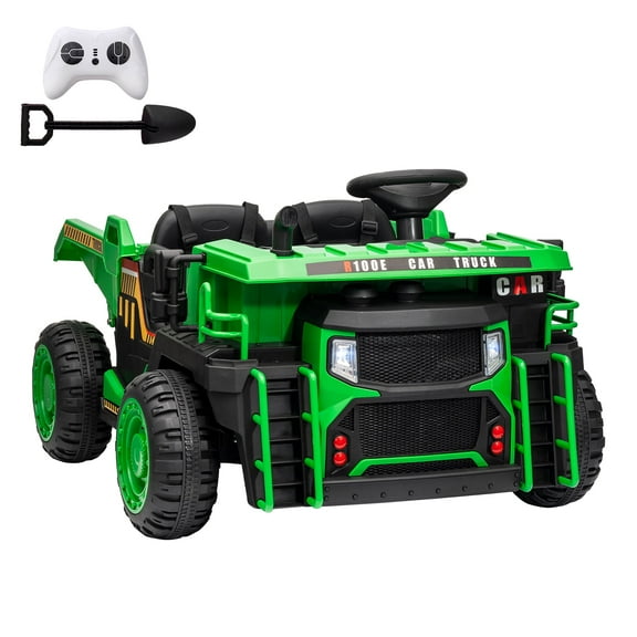 Kids Ride On Dump Truck with Electric Dump Bed, 24V 2-Seater Electric Truck Car w/Remote Control, Shovel, Double Doors, 3 Speeds, Music, Horn, LED Lights for 3+ Boys