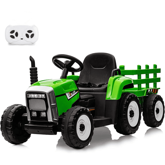 Kids Ride On Electric Tractor Remote Control Car, 12V Battery Powered Electric Agricultural Vehicle with Trailer, Toddler Ride On Car 35W Motors, Lights, Music, Seat Belts, USB, SD, MP3 (Green)