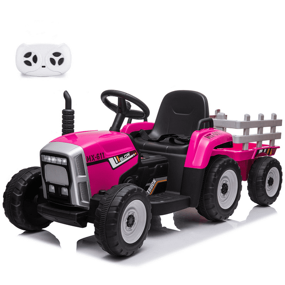 Kids Ride On Electric Tractor Remote Control Car, 12V Battery Powered Electric Agricultural Vehicle with Trailer, Toddler Ride On Car 25W Motors, Lights, Music, Seat Belts, USB, SD, MP3 (Rose Red)
