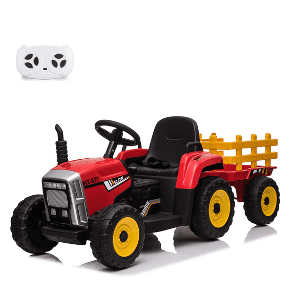 Kids Ride On Electric Tractor Remote Control Car, 12V Battery Powered Electric Agricultural Vehicle with Trailer, Toddler Ride On Car 35W Motors, Lights, Music, Seat Belts, USB, SD, MP3 (Red)