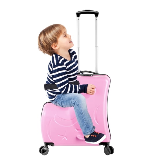 Kids Ride on Luggage for Aged 3-12, Toddler Luggage with Seat,Rolling Luggage with Spinner Wheels ,Suitcase Carry Trolley with Password Lock,with Safety Belt, Airplane Travel (Pink)