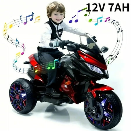 Kids Ride on Motorcycle, 12v Battery Powered Electric Motorbike Vehicle Toys w/3-Wheels, Ride on Car for Toddler w/PU seat Training Wheels/Manual Throttle/Drive by Hand /Lighting Wheels, Red