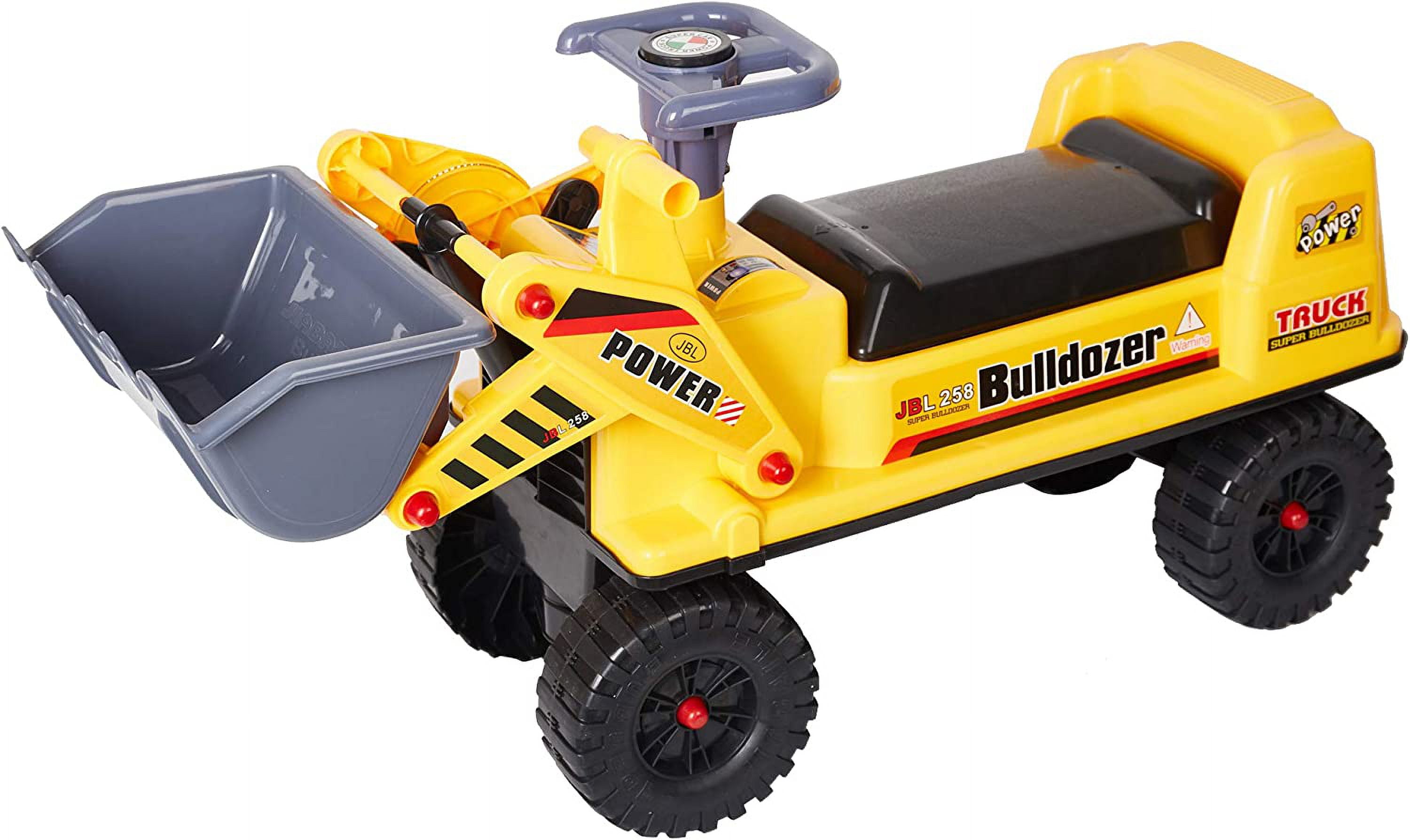 Yellow Plastic Ride-On Bulldozer with Storage and Digging Bucket
