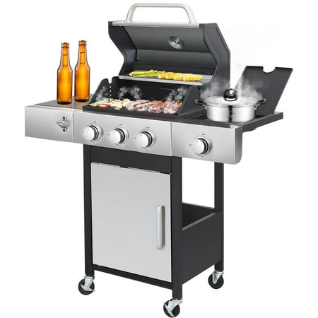 37230BTU Propane Barbecue Grill, 3-Burner Gas Grill with Side Burner 37230BTU Output, Portable Outdoor Grill with Lockable Wheels, 2 Cooking Areas, Bottle Opener, Thermometer