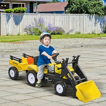Kids Ride-On Excavator, Pedal Car Bulldozer, Move Forward/Back with Real Working Dirt Bucket, 6 Wheels, & Cargo Trailer