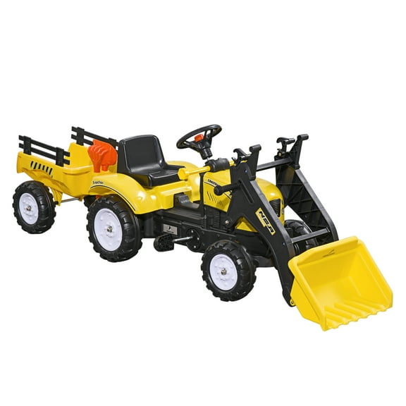 Kids Ride On Excavator, Pedal Powered Bulldozer Toy with Trailer - 6 Wheel Construction Vehicle for Outdoor Play Yellow + Steel