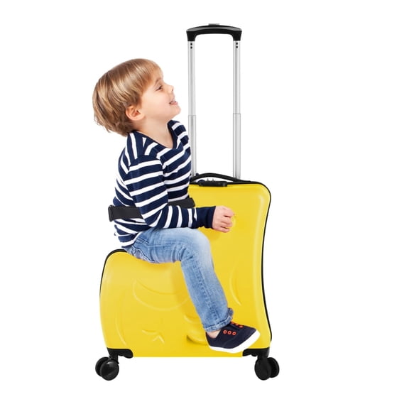 Kids Ride-On Luggage with Safety Belt, Hardside Spinner Suitcase for Children with Footrest,Yellow