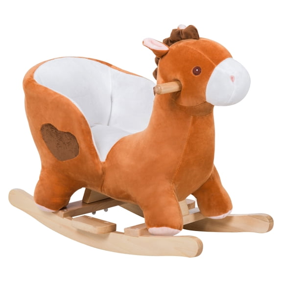 Kids Ride On Rocking Horse Plush Animal Toy with Songs, Sturdy Wooden Rocker for Boys Girls, Brown