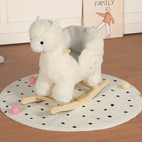 Plush Alpaca Ride On Rocking Toy with Jingle Bells Hand Puppets Safety Belt CPC Certified Soft Fabric White Rocking Horse Style Play Toy for Toddlers 1-3 Years