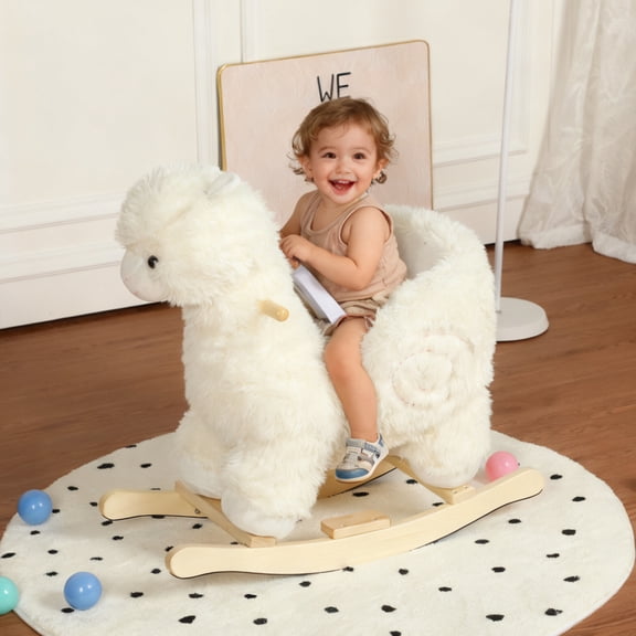 Kids Ride-On Rocking Horse Toy,Soft Plush Toddler Rocker with Lullaby Song,Hand Puppets and Safety Belt,Wooden Base Ride-On Toy with CPC Certified for Boys Girls 1-3 Years,White