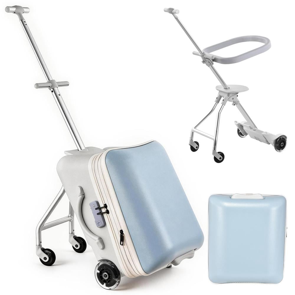 Kids Ride-On Suitcase 20-Inch Stroller Luggage 2-in-1, Airline-Approved Ride-On Carry-On with Spinner Wheels and Detachable Seat, Safety Guardrail Design for Toddlers, Blue