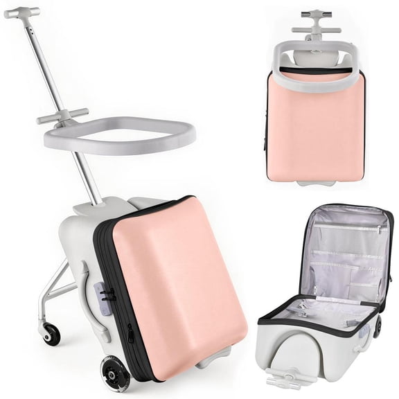 Kids Ride-On Suitcase 20-Inch Stroller Luggage 2-in-1, Airline-Approved Ride-On Carry-On with Spinner Wheels and Detachable Seat, Safety Guardrail Design for Toddlers, Pink