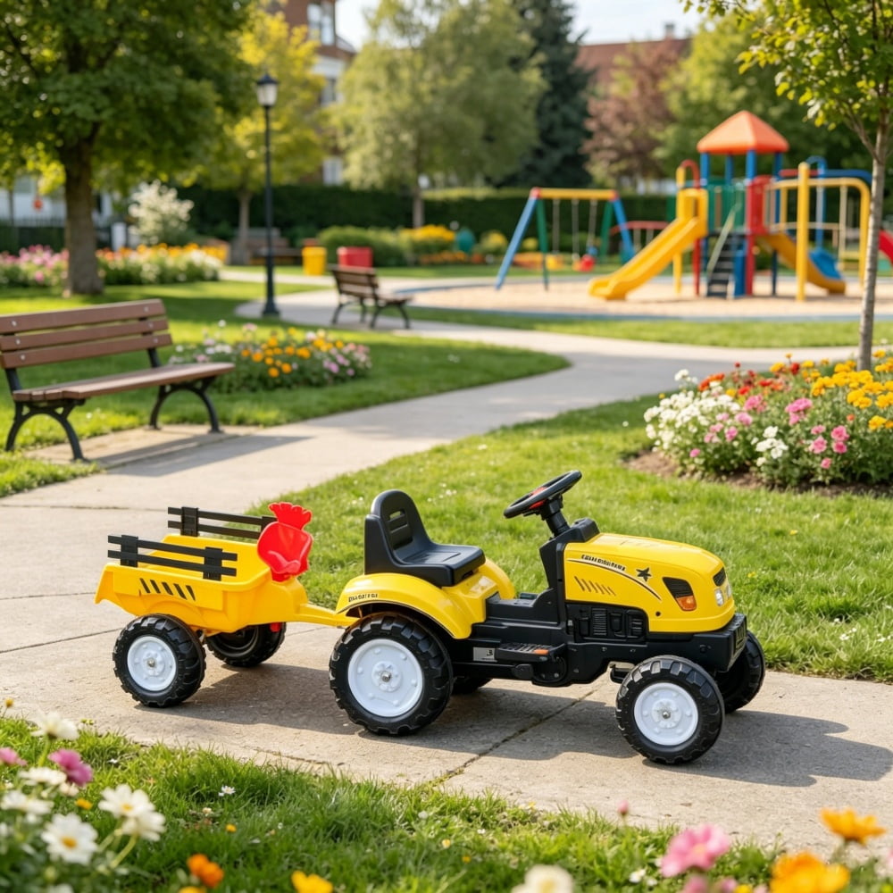 Kids Ride-On Tractor with Trailer Shovel and Rake for Ages 3+