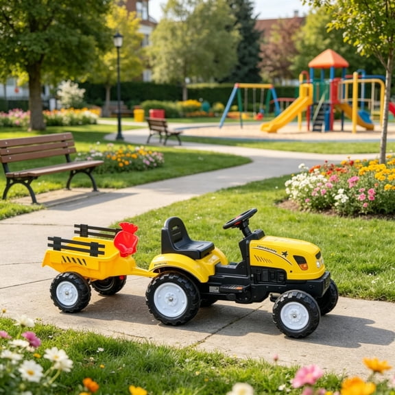 Kids Ride-On Tractor with Trailer Shovel and Rake for Ages 3+