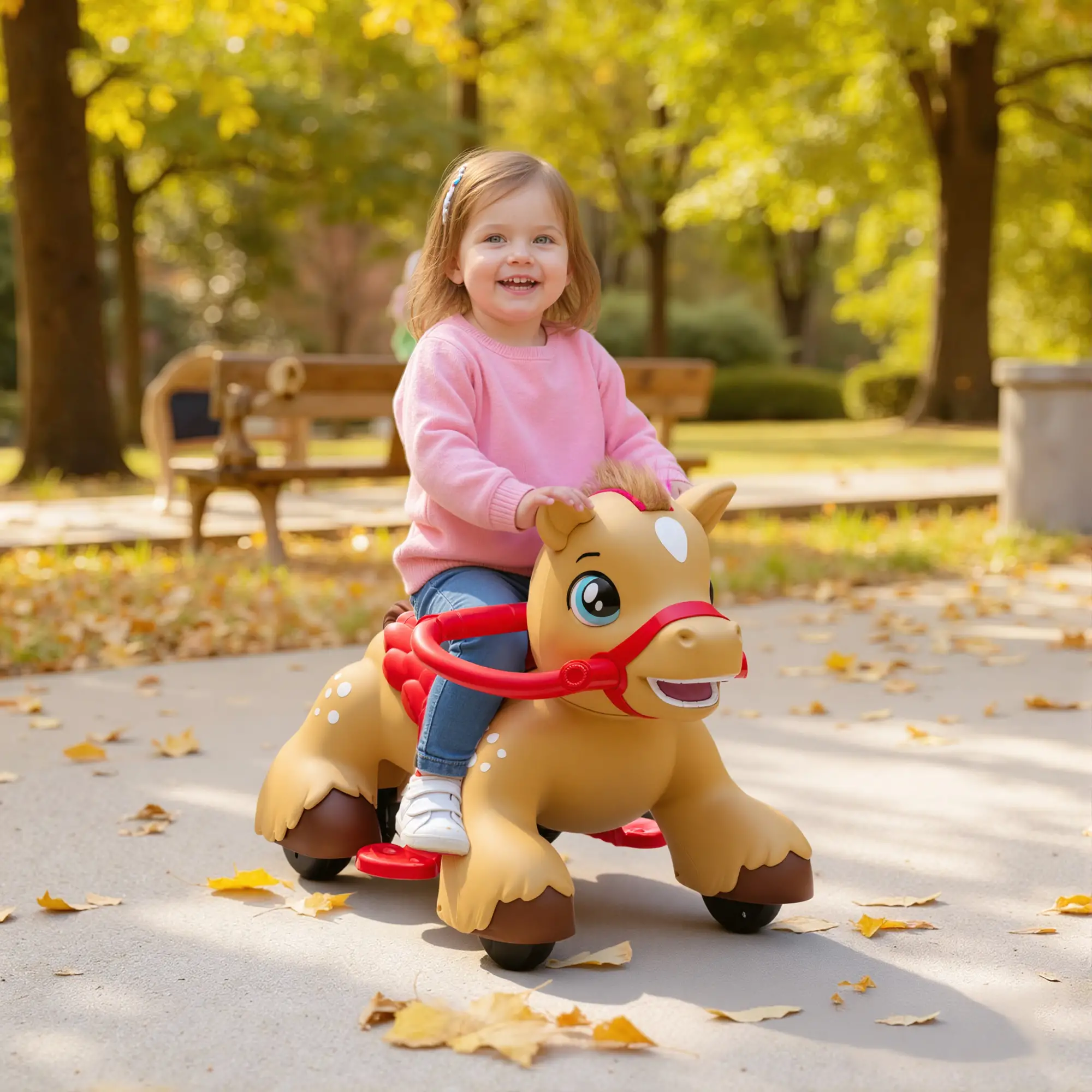 Kids Ride on Toy with Sounds and Lights, 12V Battery 50 Mins Ride on Toy with Reins Comb Carrot, Safe Stable Ride on Toy for 18-36 Months Indoor Outdoor Play