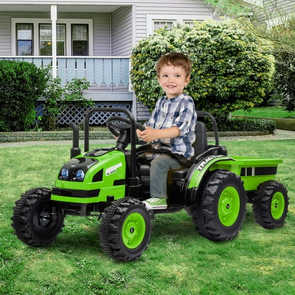 Kids Ride on Tractor Car with Trailer, 12V Battery Powered Electric Tractor with Remote Control, Kids Electric Vehicles with Bluetooth, Music, USB, LED Light, Safety Belt