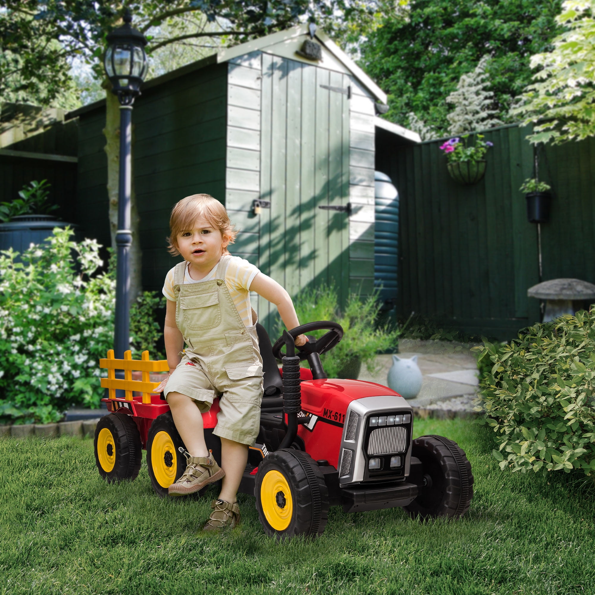 Red 12-Volt Ride-On Tractor with Trailer and LED Lights