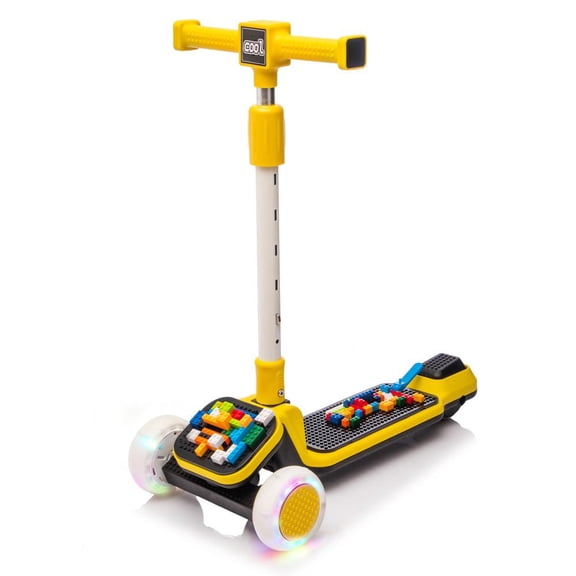 Kids Ride on 3-Wheel Scooter with Buildable Blocks, PU Flashing Wheels and Folding Kick Scooter, Thickened Custom Aluminum Tube.