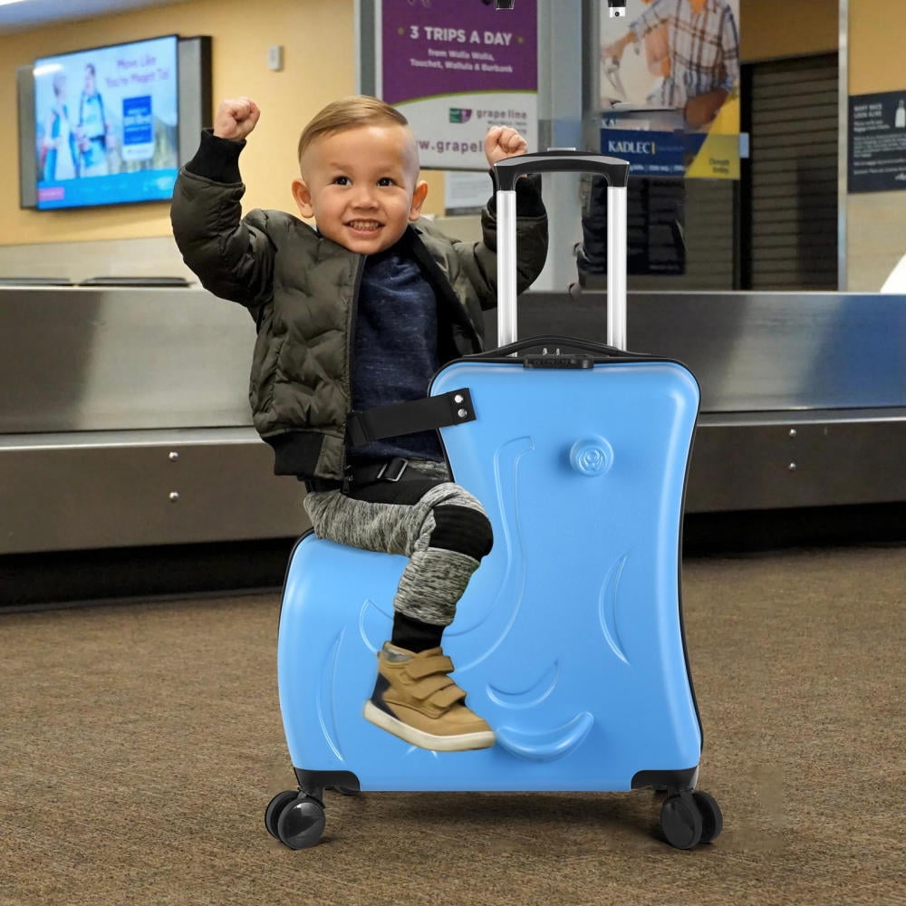 Kids Ride on Luggage, Toddler Luggage Seat Ride on, Kids Travel Suitcase with Safety Belt, Scooter Suitcase for Kids Ages 6-12 (20“ Blue)