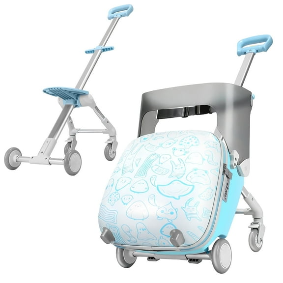 Wheelive 20" Kids Carry-On Suitcase with Spinner Wheels, Ride-on Luggage for Easy Travel, 2-in-1 Baby Stroller Case, Blue