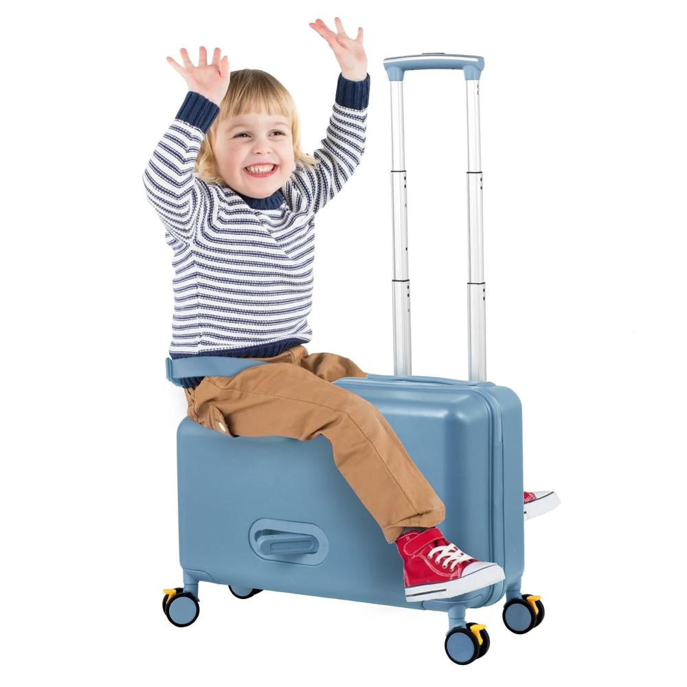 Kids Ride on Suitcase 20 Inch, Childrens Travel Carrier Cabin Case with Foot Pedal Spinner Wheels and Safe Harness Stroller for Boy Girl Travel(Blue)