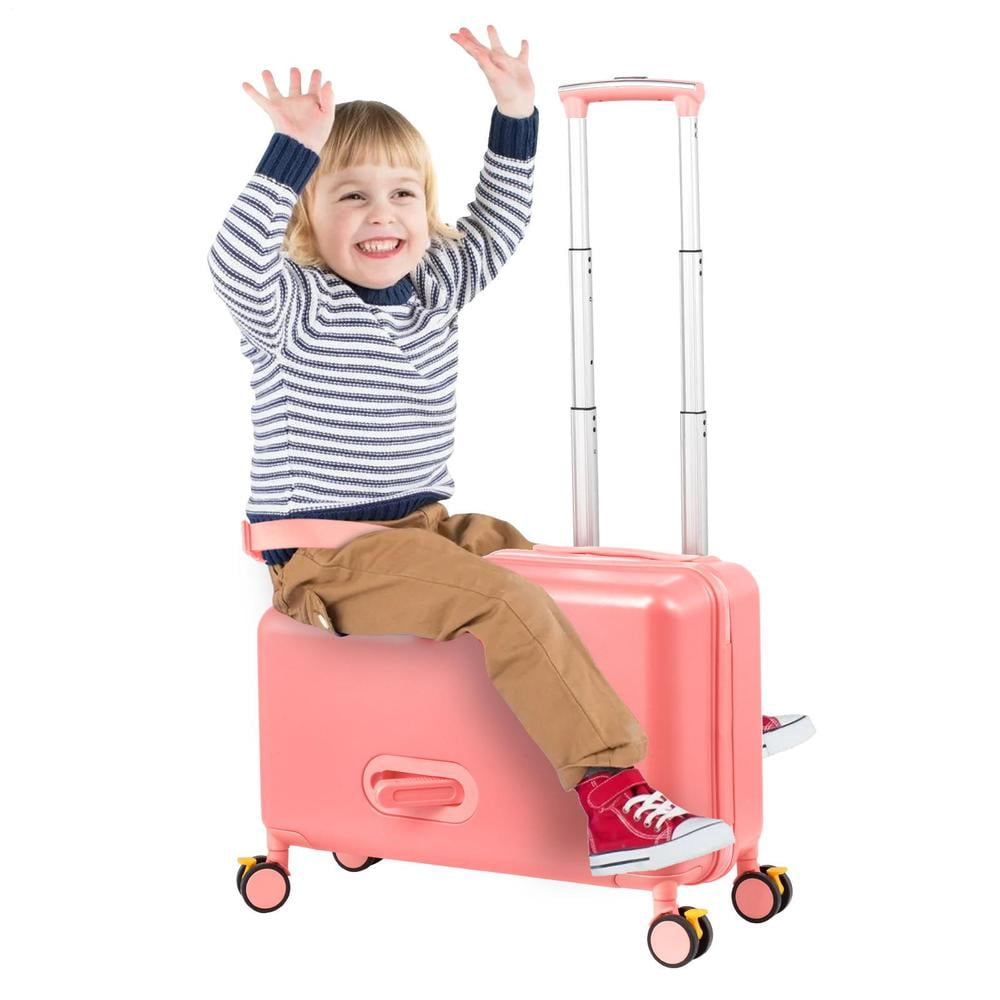 Kids Ride on Suitcase 20 Inch, Childrens Travel Carrier Cabin Case with Foot Pedal Spinner Wheels and Safe Harness Stroller for Boy Girl Travel(Pink)