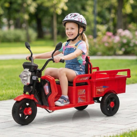 Kids Ride on Truck Car, 3-Wheel 12V Ride on Toy Electric Cars for Kids w/ Music, Large Storage Space-Red