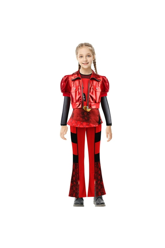 Kids Rise Red Costume Girls Short Sleeves Jacket Top Flared Pants Wig 4pcs Halloween Princess Dress up 5-15Y