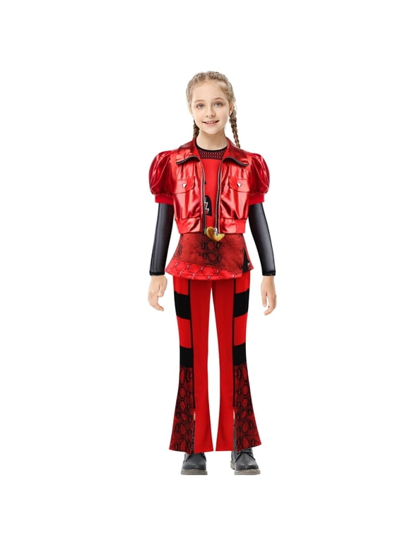Kids Red Costume Girls Short Sleeves Jacket Top Flared Pants Wig 4pcs Halloween Princess Dress up 5-15Y