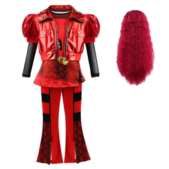 Kids Rise Red Costume Girls Short Sleeves Jacket Top Flared Pants Wig 4pcs Halloween Princess Dress up 5-15Y