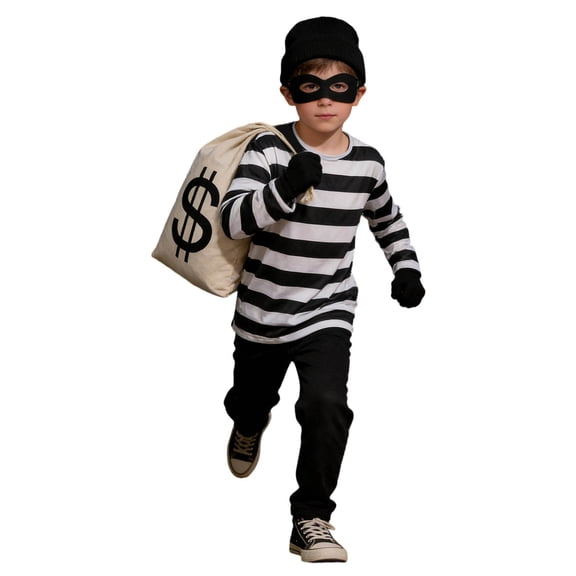 Kids Robber Stripe Halloween Bandit Outfit Thief Set for Boys Burglar Thief , Party Carnival, 8-10 Years