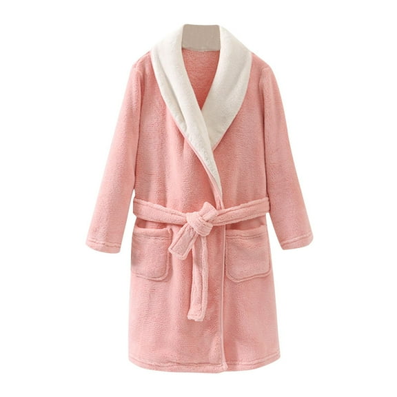 Kids Robe Fluffy Flannel Bathrobe Soft Fuzzy Long Sleeve Sleepwear Pajamas Plush Robes Bath Towels with Pockets, Pink, 4 Years